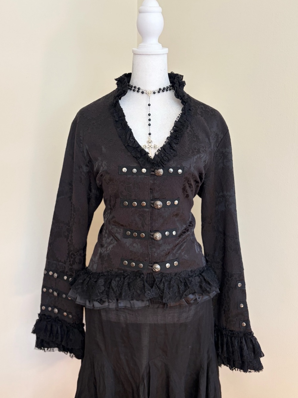 Victorian goth steampunk lace corset tie black ruffle military jacket tailcoat M